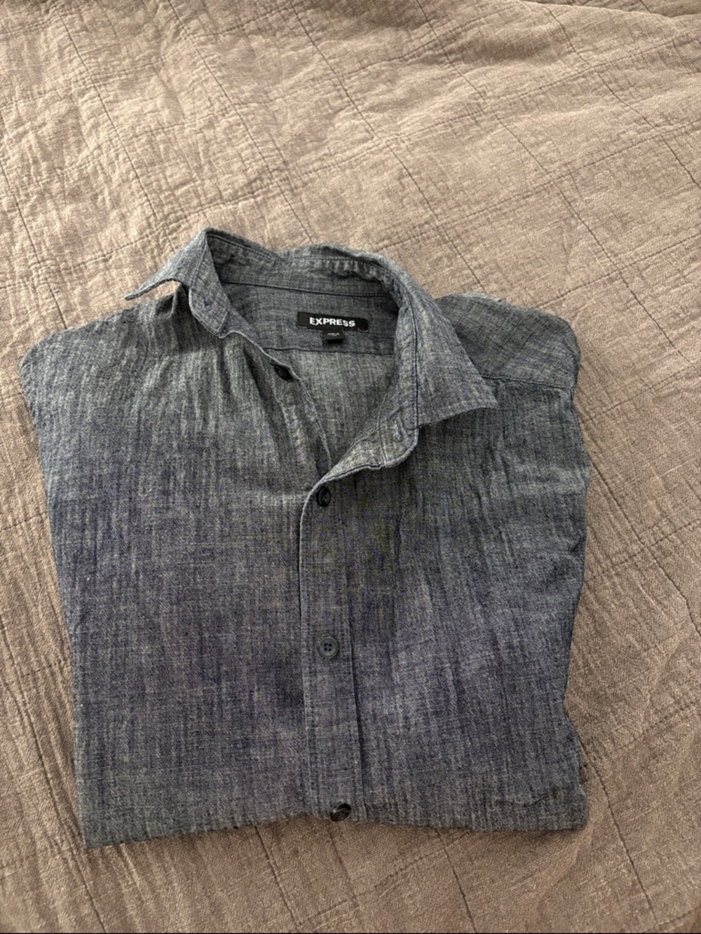 Express Men's Heathered Navy Button-Down Shirt short sleeve
